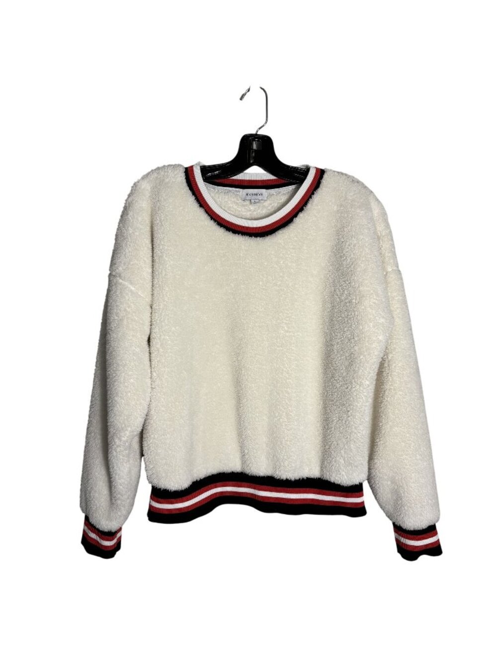 Evereve Off White Varsity Teddy Knit Pullover With Striped Red and Black Trim